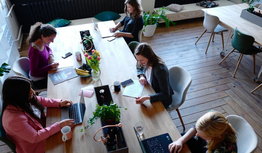 Five people working at a wooden table with laptops and notebooks in a modern, plant-filled office space.