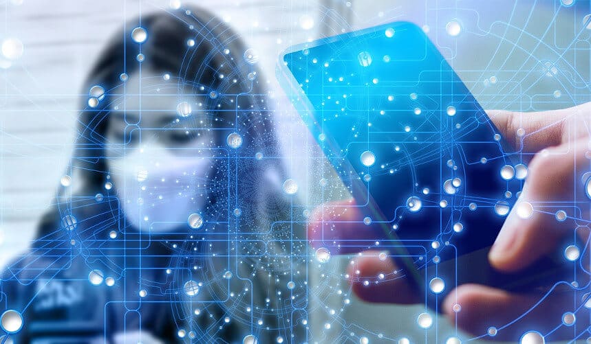 Person in mask blurred behind a smartphone with digital network overlay, symbolizing connectivity or technology.