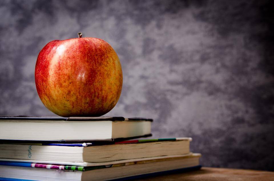 A red apple sits on a stack of books against a textured gray background.