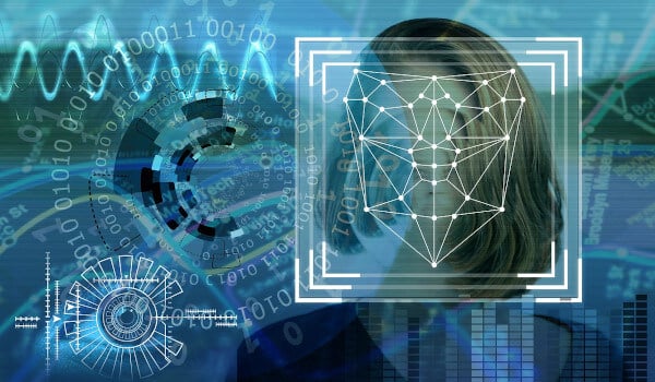 A woman's face with a digital facial recognition overlay and binary code, symbolizing technology and security.