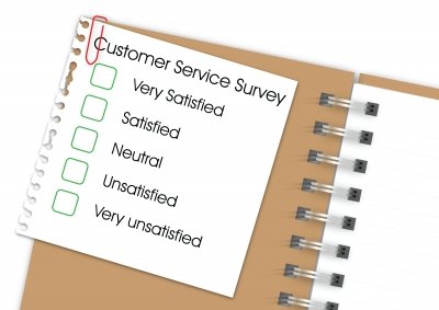 Notebook with a "Customer Service Survey" and checkboxes: Very Satisfied, Satisfied, Neutral, Unsatisfied, Very Unsatisfied.