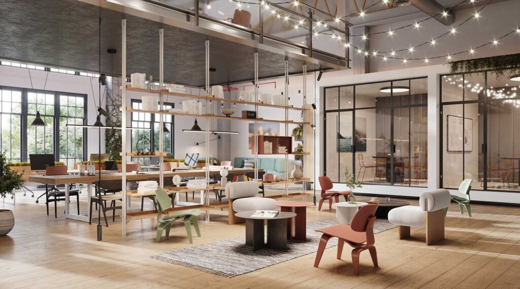 Modern open-plan office with wooden floors, mixed seating, large windows, and overhead string lights.