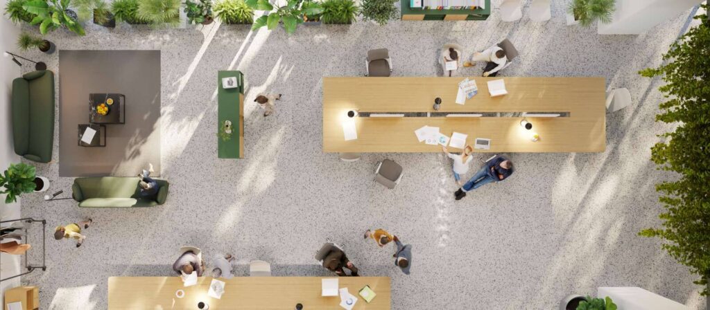 A birds-eye view of a modern open office layout. Audit your floor plan design with this checklist.