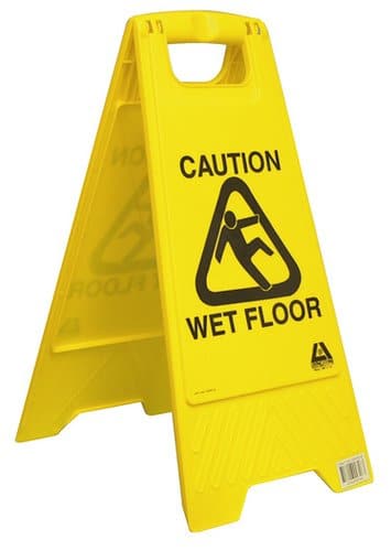 Yellow "Caution Wet Floor" sign with slipping figure icon.
