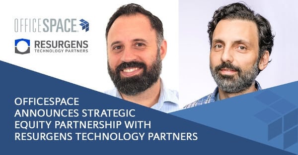 Two men with beards are shown in a graphic announcing a partnership between OfficeSpace and Resurgens Technology Partners.