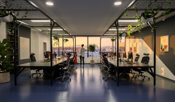 Modern office space with desks, chairs, and a person standing by the window. Indoor plants hang from the ceiling.