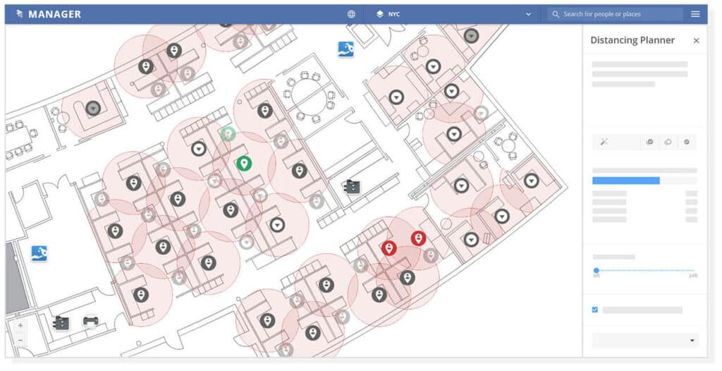Office floor plan with highlighted areas indicating distancing measures, including desks and common spaces.