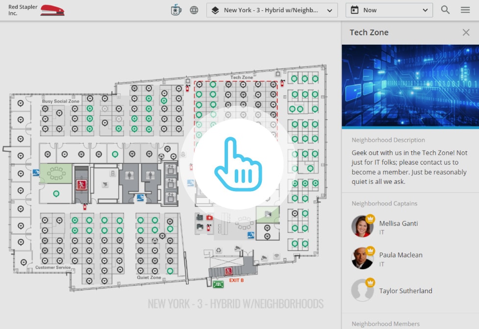 Office floor plan with seating layout, tech zone info panel, and icons for three neighborhood captains on the right.