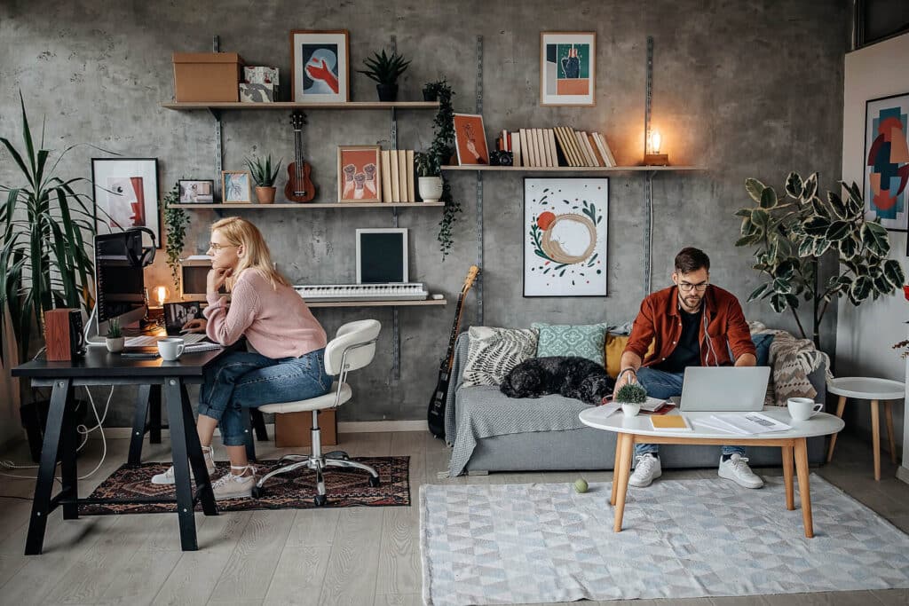 Two people working on laptops in a cozy living room with shelves, plants, and wall art.