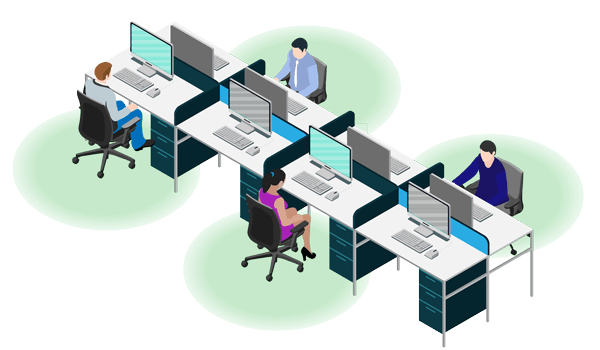 Isometric illustration of four people working at computers in an office setup with green circle accents.
