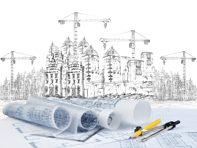 Rolled-up blueprints in the foreground with sketched buildings and cranes in the background.