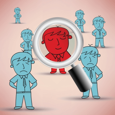 A magnifying glass highlights a red cartoon person among blue cartoon people, symbolizing focus or selection.
