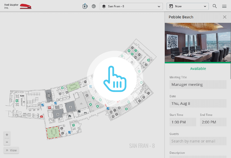 Office floorplan with a highlighted room scheduling panel showing details for a "Manager meeting" in Pebble Beach.