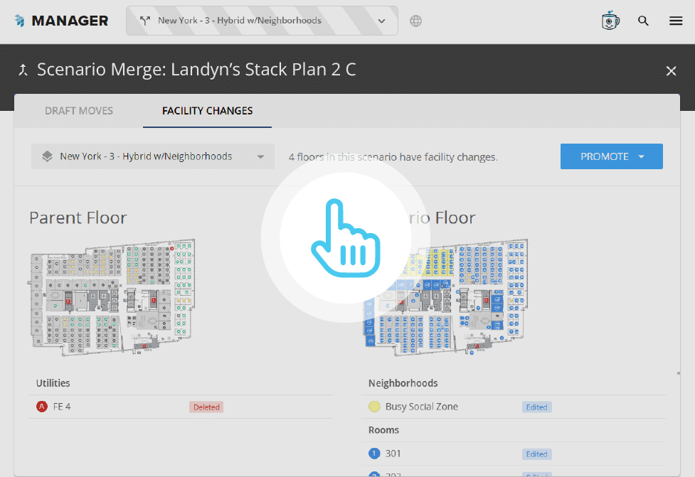 Interface showing facility changes in a building management software, with floor plans and a prominent cursor icon.