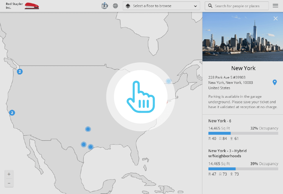 Map interface showing New York information, including parking locations and occupancy rates, with a highlighted hand icon.